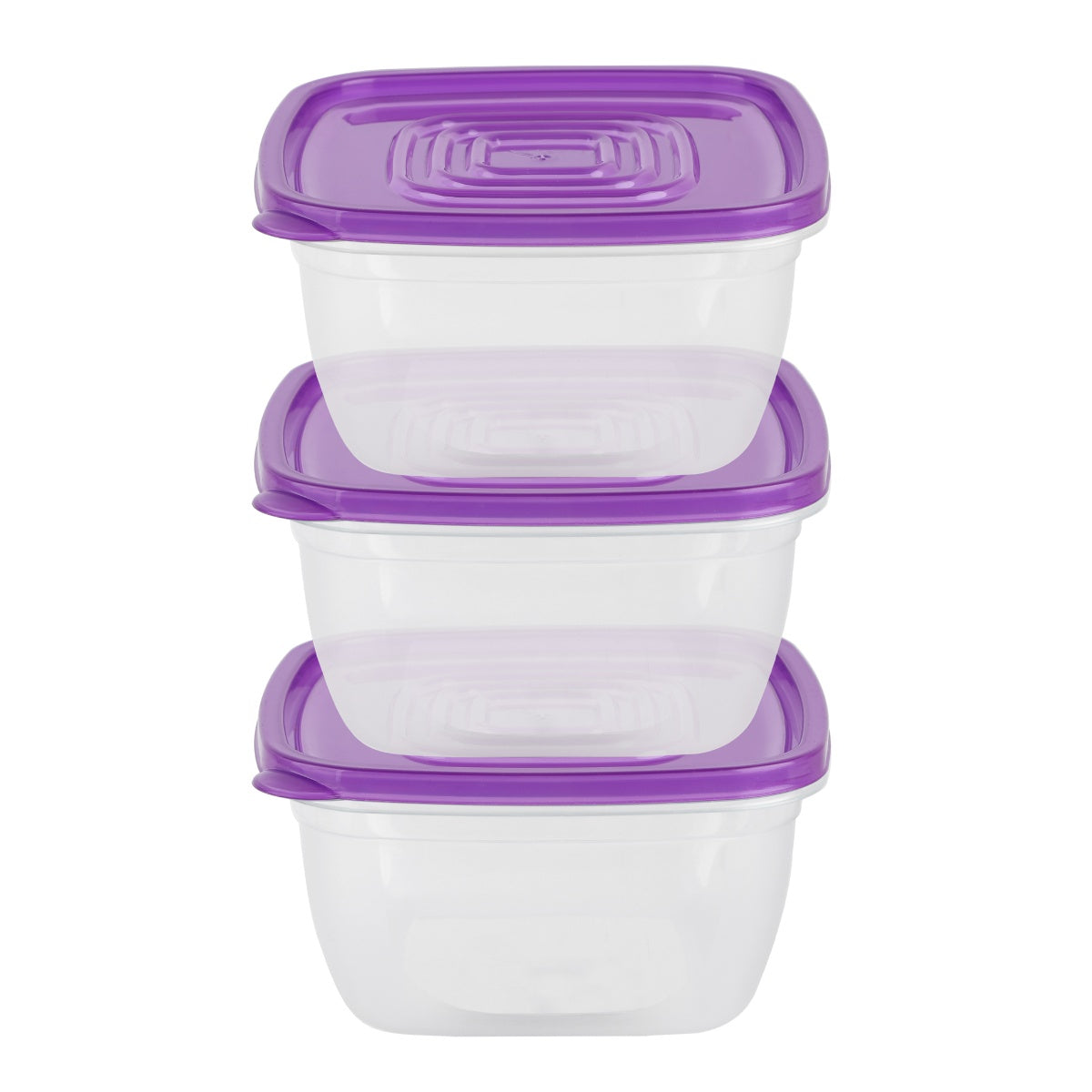 Purple airtight food containers stacked together.