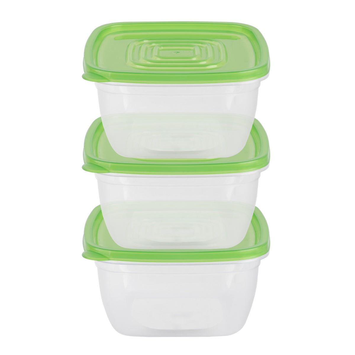 Stack of green-lid food storage boxes.