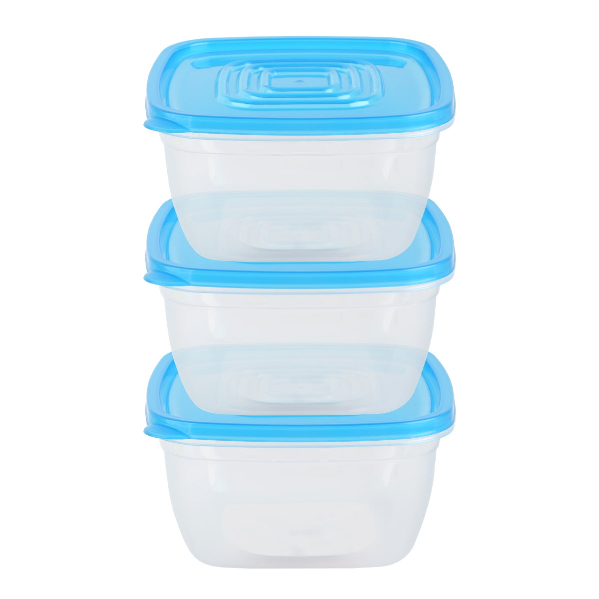 Stack of Blue-lid food storage boxes.