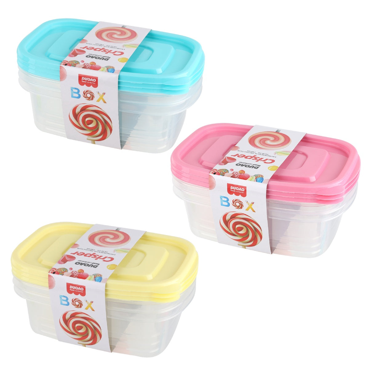 3 small plastic food saver containers with colorful lids.