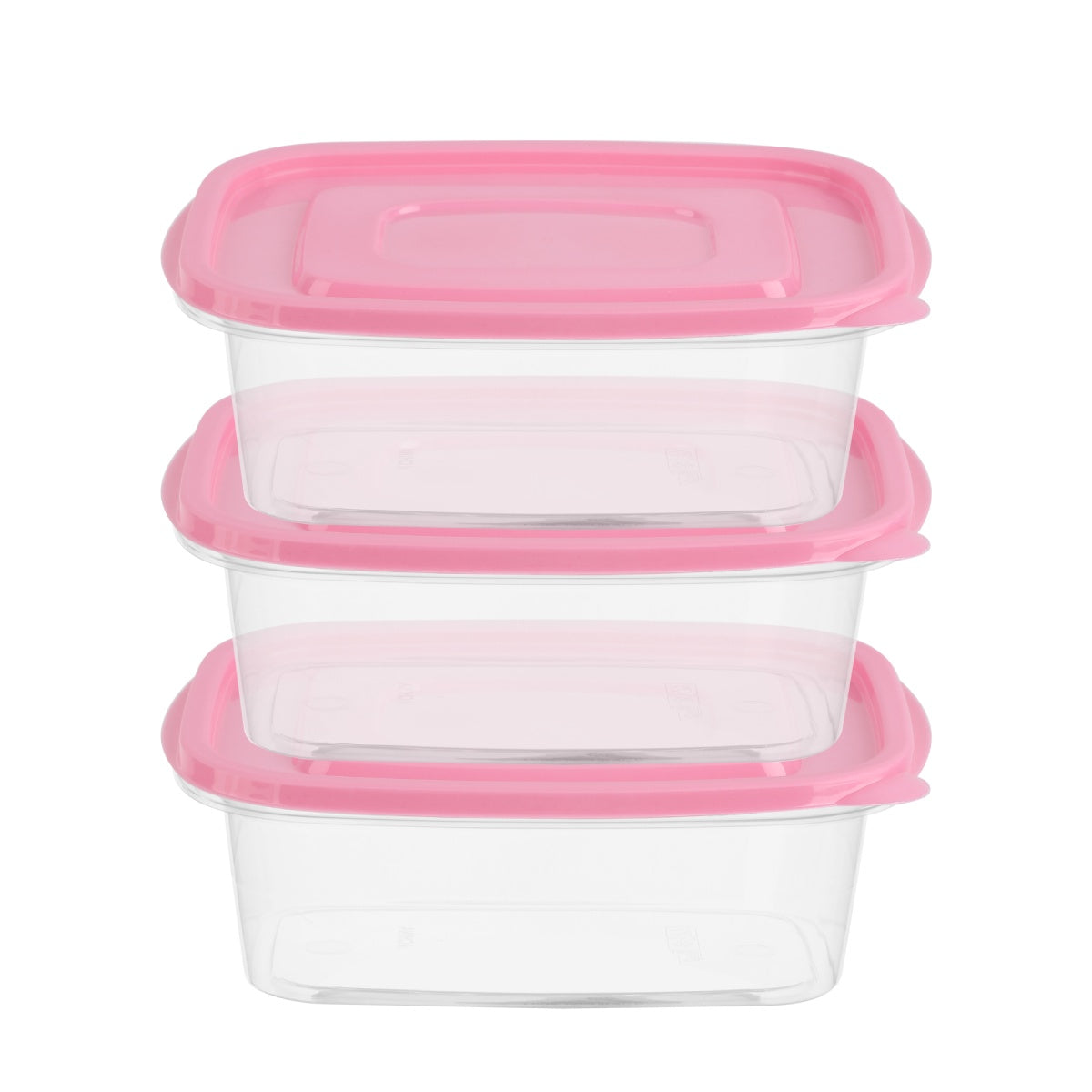 Pink-lidded food storage containers in a vertical stack.