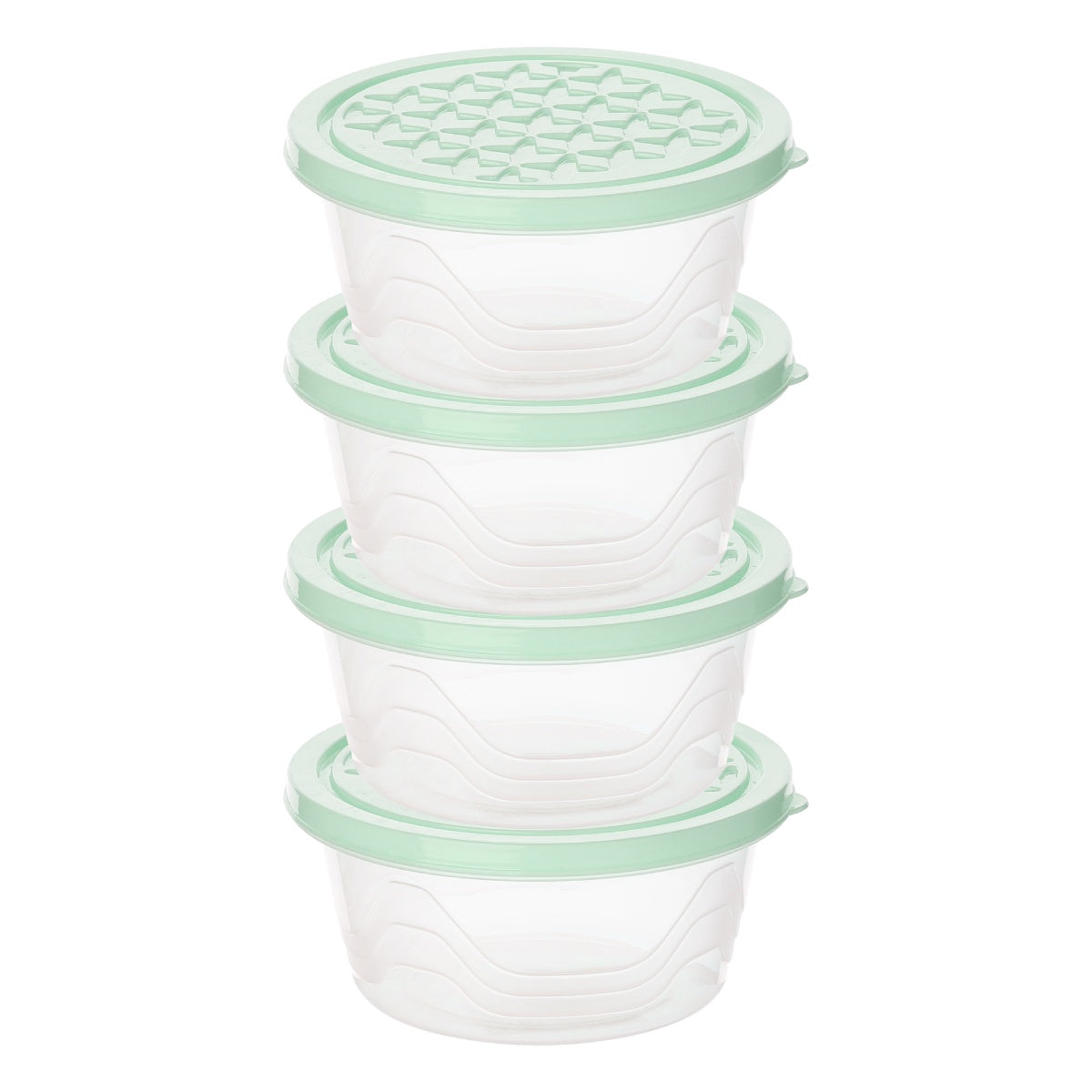 Stacked round containers with light green lids.