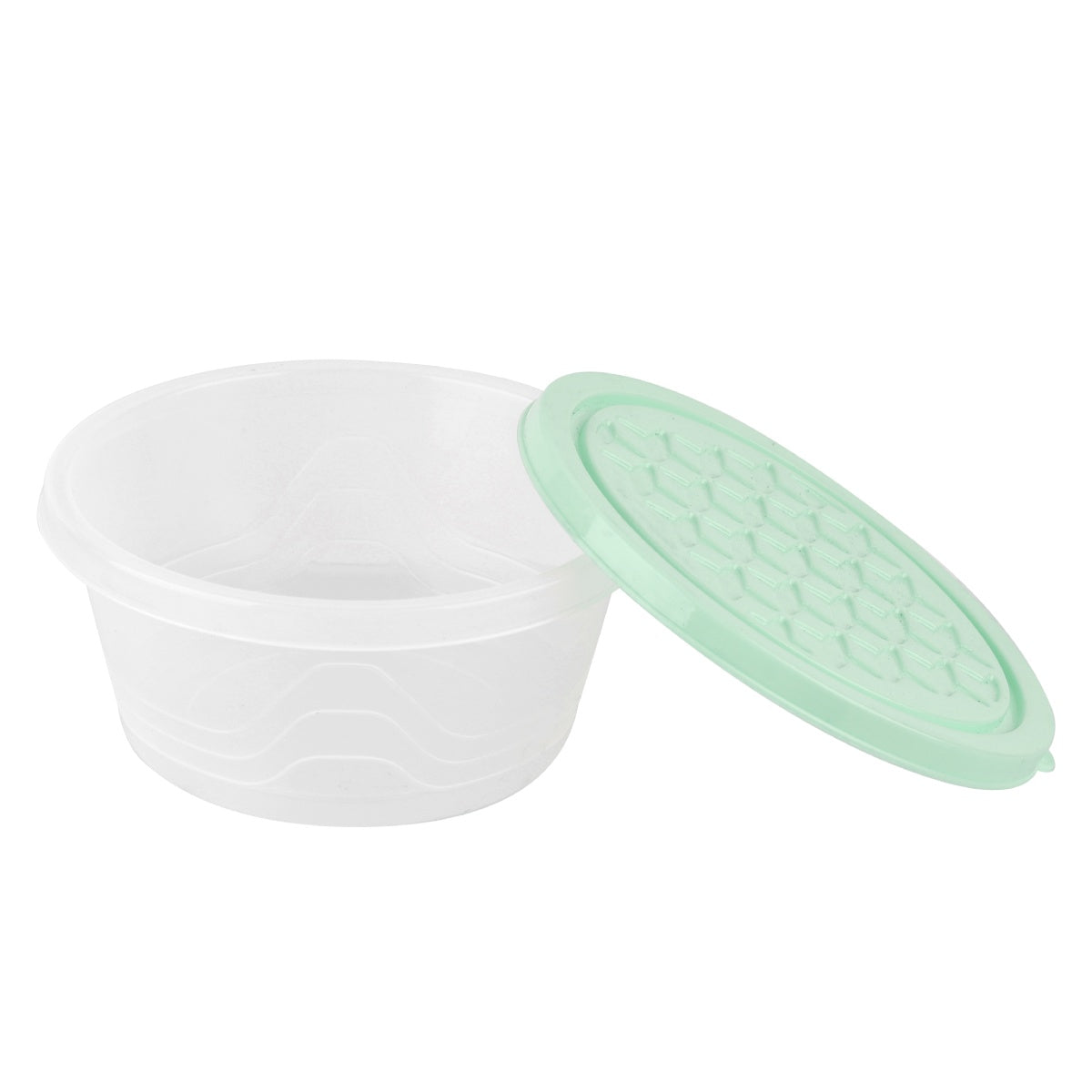 Open round container with separate light green lid.