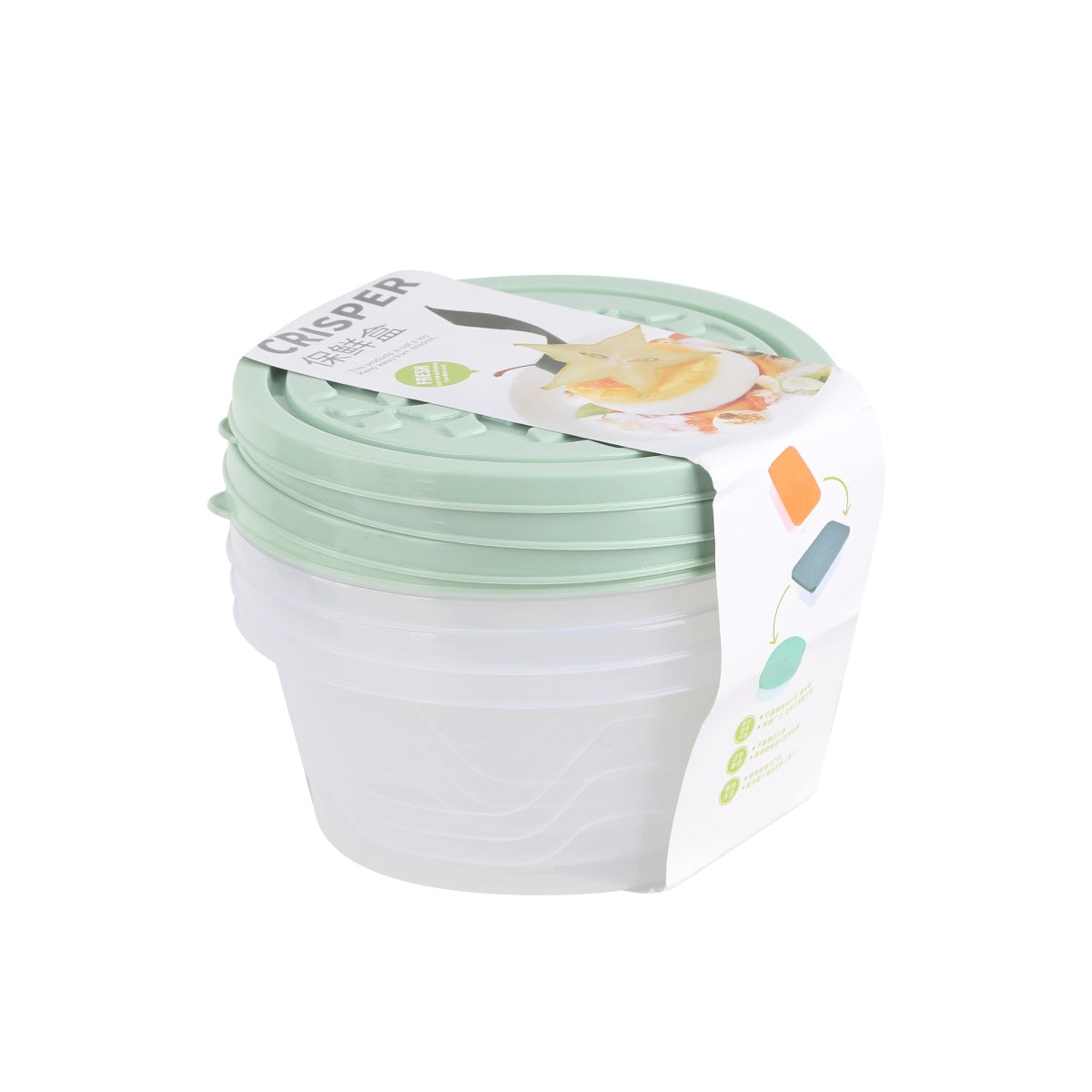 Round food storage containers in light green with lids.