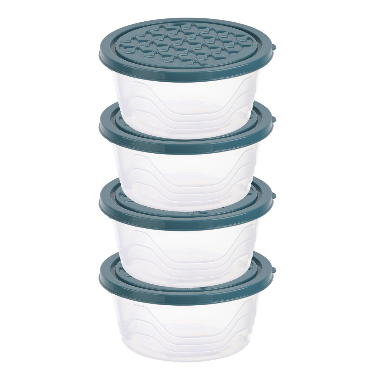 Stacked round containers with dark blue lids.