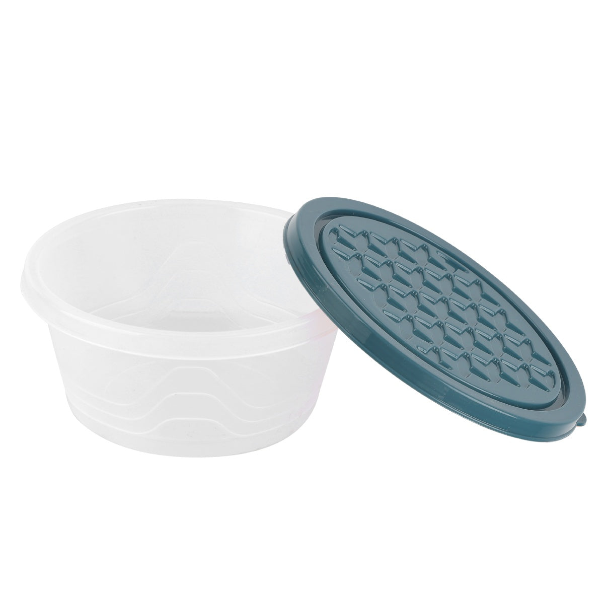 Open round container with separate dark blue lid.