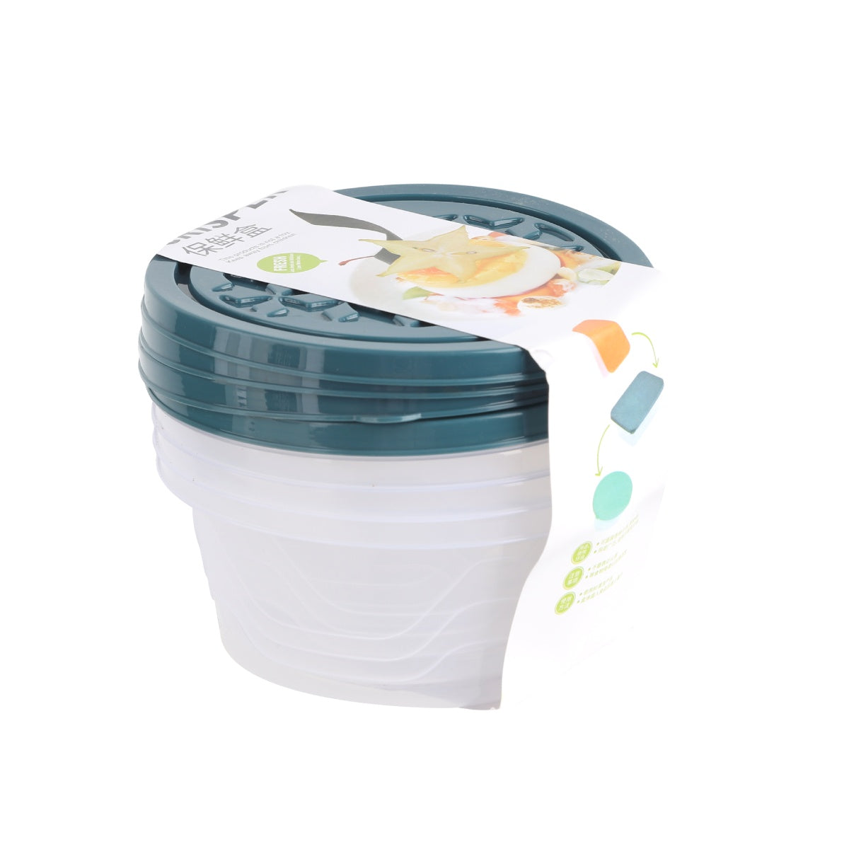 Round food container set with dark blue lids.
