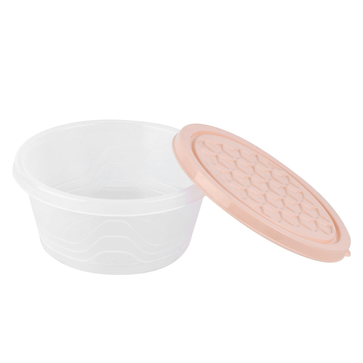 Open round container with separate peach lid.