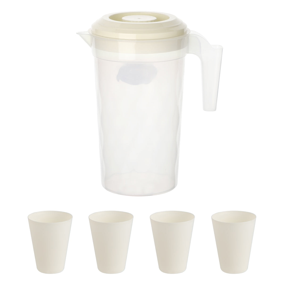 Transparent jug with beige lid and four matching beige cups.