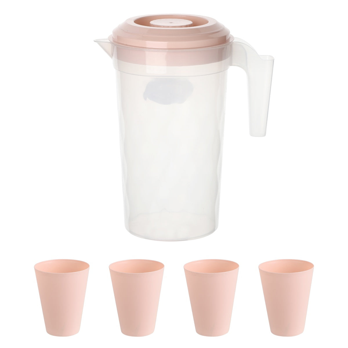 Clear plastic jug with pink lid and 4 matching cups.